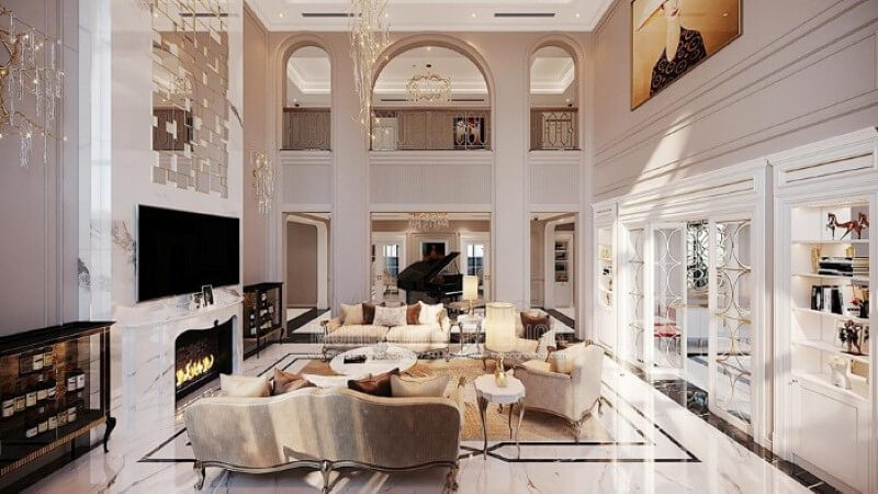 Sắp xếp nội thất biệt thự Vinhomes Imperia Hải Phòng ấn tượng với phòng khách thông tầng đẹp, sang trọng. Thiết kế nội thất phòng khách nhà phố