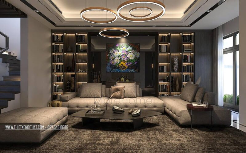 Thiết kế nội thất phòng khách hiện đại, sang trọng với bộ bàn ghế sofa lớn, kệ ốp tường, tranh treo tường. Thiết kế nội thất phòng khách nhà phố