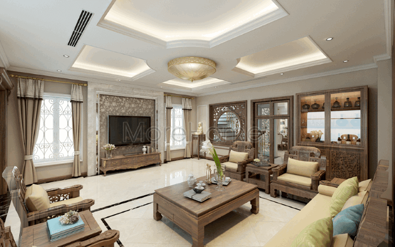 Thiết kế nội thất phòng khách phong cách Á Đông sang trọng, đẳng cấp tại biệt thự Riverside Nguyễn Duy Trinh, Quận 2, Tp. Hồ Chí Minh. Thiết kế nội thất phòng khách nhà phố