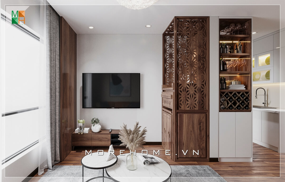 Mẫu tủ kệ gỗ trang trí với chạm khắc họa tiết đẹp mắt và độc đáo. Thiết kế nội thất phòng khách nhà phố