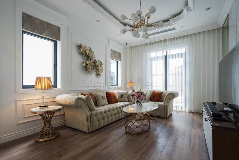 Sang chảnh với không gian nội thất phòng khách mang đậm phong cách tân cổ điển màu trung tính Mẫu nội thất biệt thự tân cổ điển đẹp