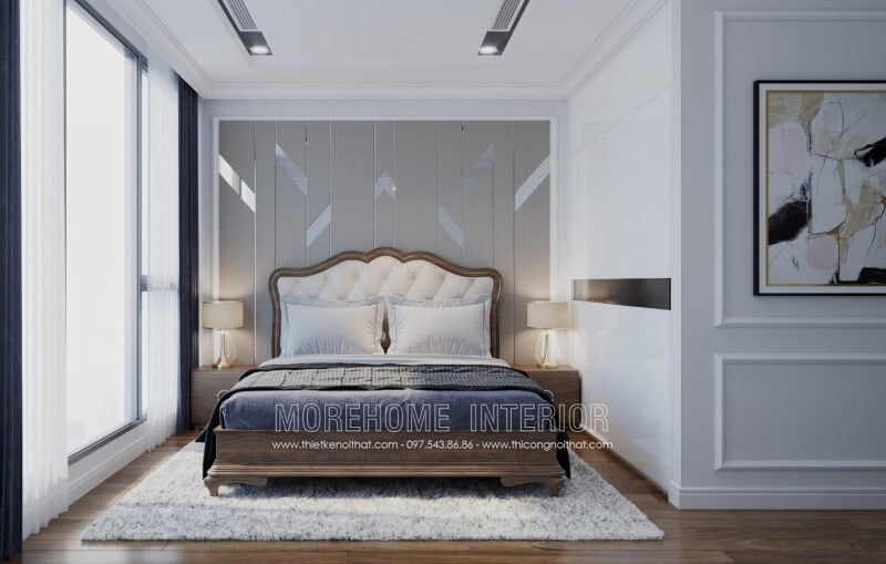 Thiết kế nội thất phòng ngủ đẹp với sản phẩm giường gỗ óc chó cao cấp, đầu giường bọc da thiết kế nội thất chung cư