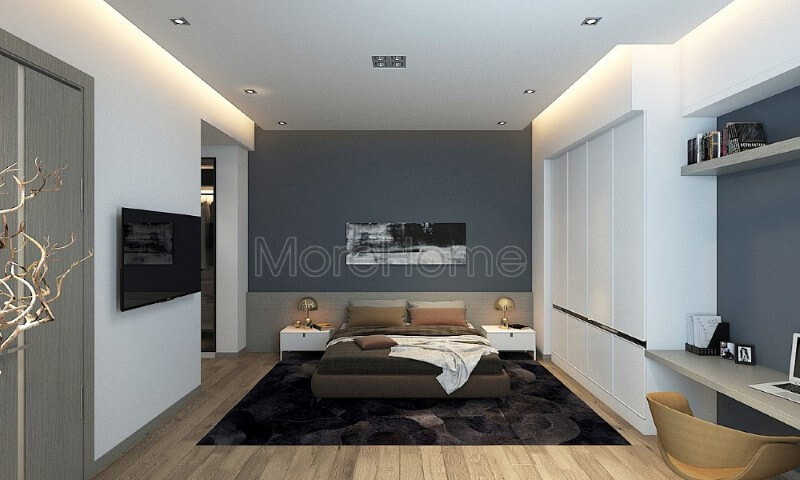 Thiết kế nội thất phòng ngủ nhà phố hiện đại đơn giản trang bị vật dụng ngăn nắp, màu sắc hợp phong thủy với mệnh của gia chủ thiết kế nội thất chung cư