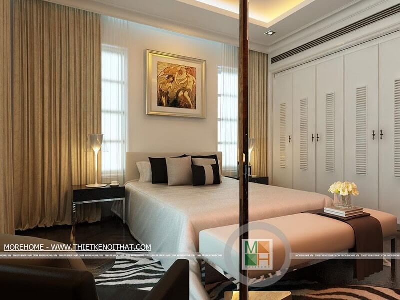 Thiết kế nội thất phòng ngủ hiện đại với tone màu trắng- nâu trầm mang lại sự hài hòa, thư giãn cho căn phòng thiết kế nội thất chung cư