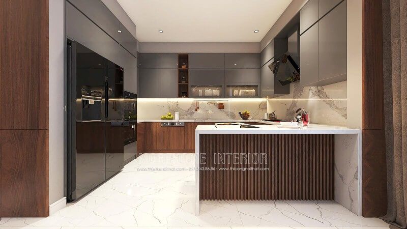 Thiết kế nội thất phòng bếp đẹp từ gỗ acrylic cao cấp kết hợp cùng đá ốp bếp sang trọng.