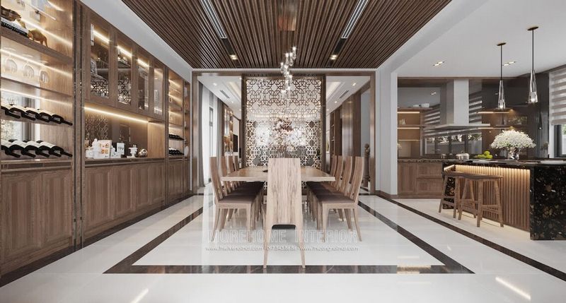 Mẫu thiết kế phòng bếp sang trọng với tông màu gỗ óc chó cuốn hút mọi ánh nhìn