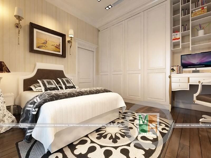 Mẫu giường ngủ gỗ bệt, đường cong tân cổ điển ở đầu giường tạo nét sang trọng, quý phái