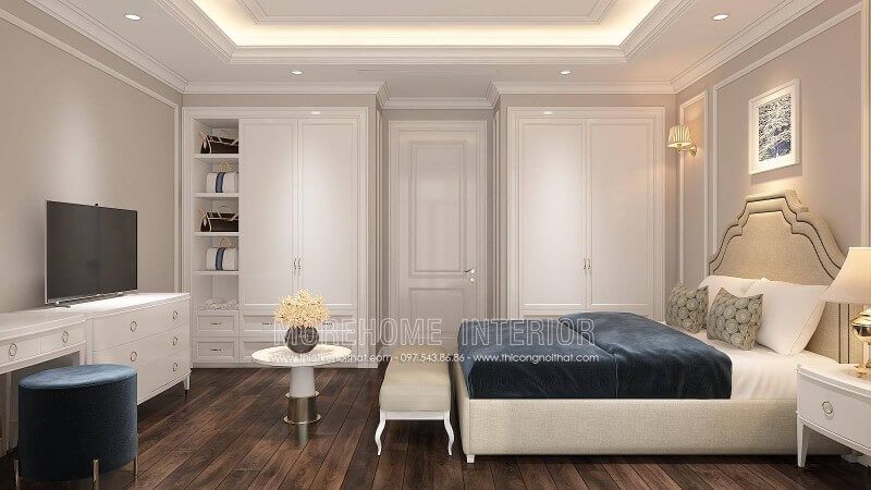 Nhà phố An Hưng Hà Đông được thiết kế nội thất phòng ngủ sang trọng với tông màu trắng.