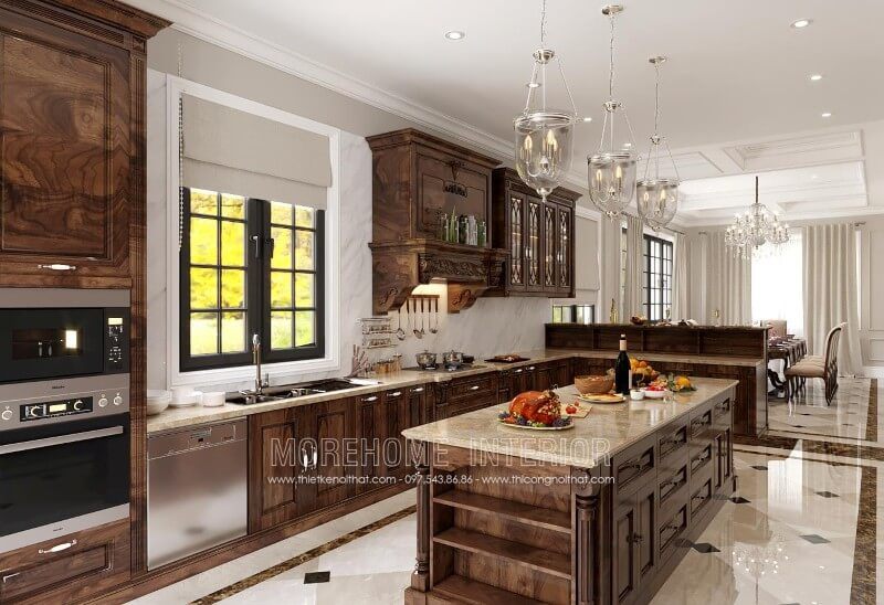Tủ bếp được thiết kế theo phong cách cổ điển và được làm từ chất liệu gỗ tự nhiên nhập khẩu đặc biệt cho các biệt thự, chung cư cao cấp.